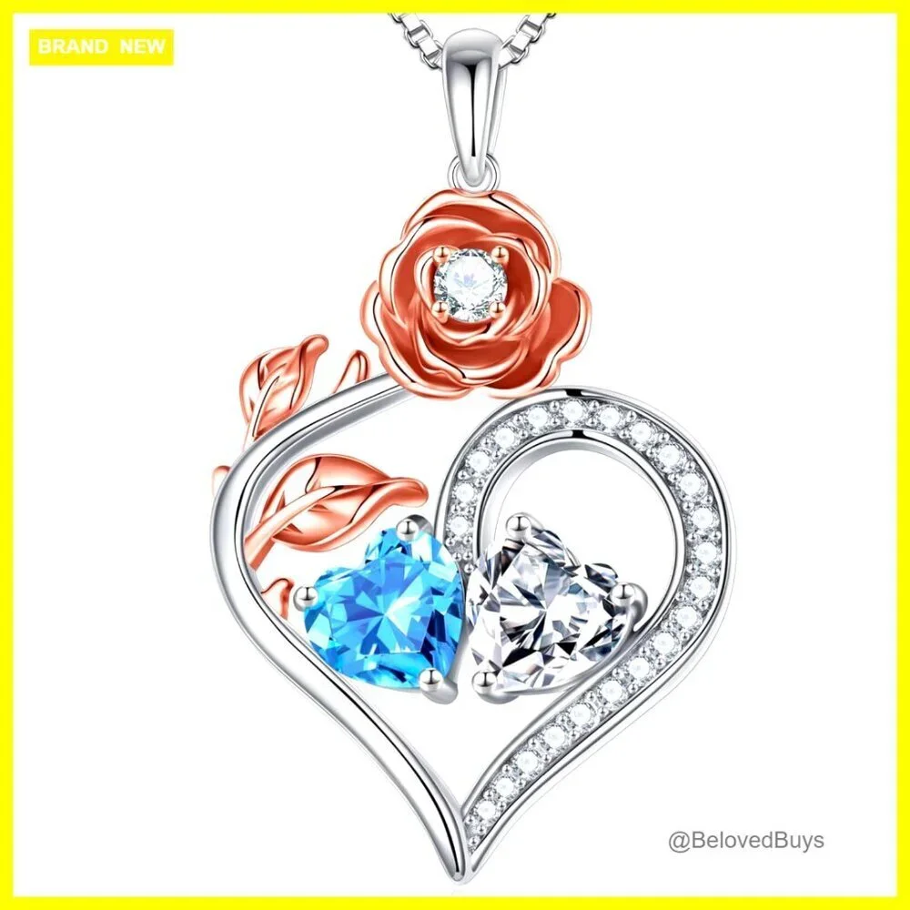 925 Sterling Silver Double Birthstone Heart Pendant Necklace 19